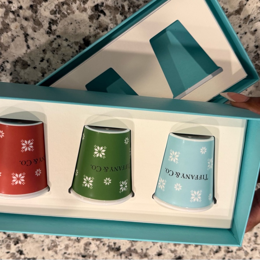 Tiffany & Co. Holiday Espresso Cup Set - Red, Green, Light Blue